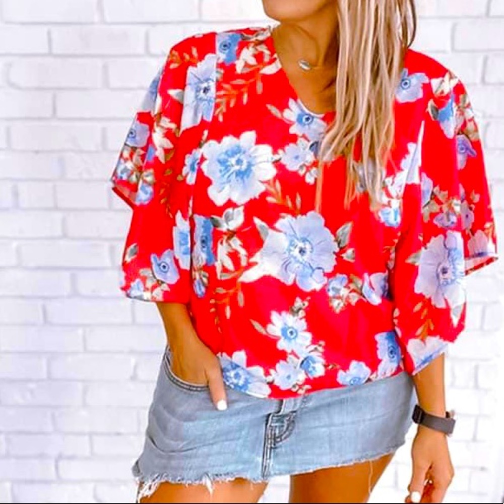 Red floral bell sleeve top